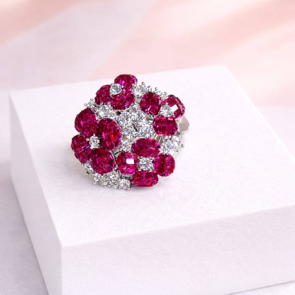 Ruby-Red Cluster Statement Ring with Cubic Zirconia