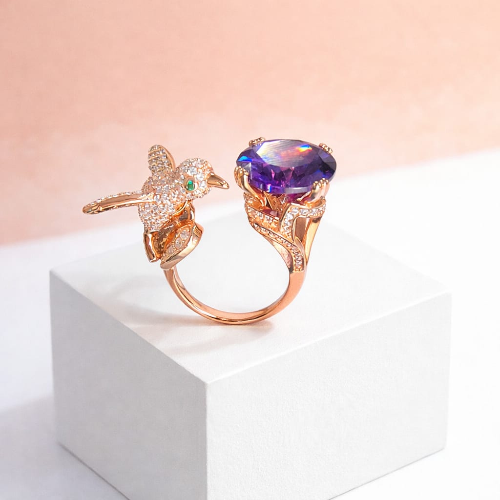 Hummingbird Statement Ring with Purple Crystal Stone