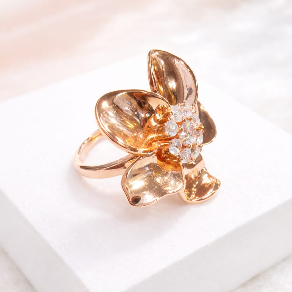 Floral Statement Ring with Crystal Center