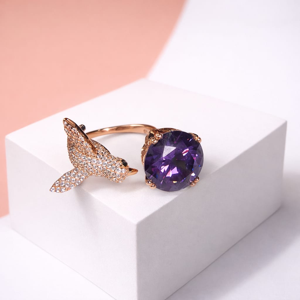 Hummingbird Statement Ring with Purple Crystal Stone