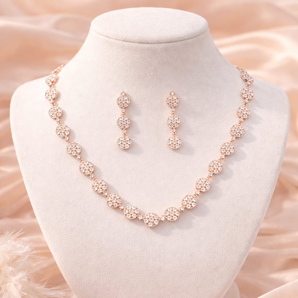 Rose Gold Floral Crystal Necklace Set with Matching Earrings