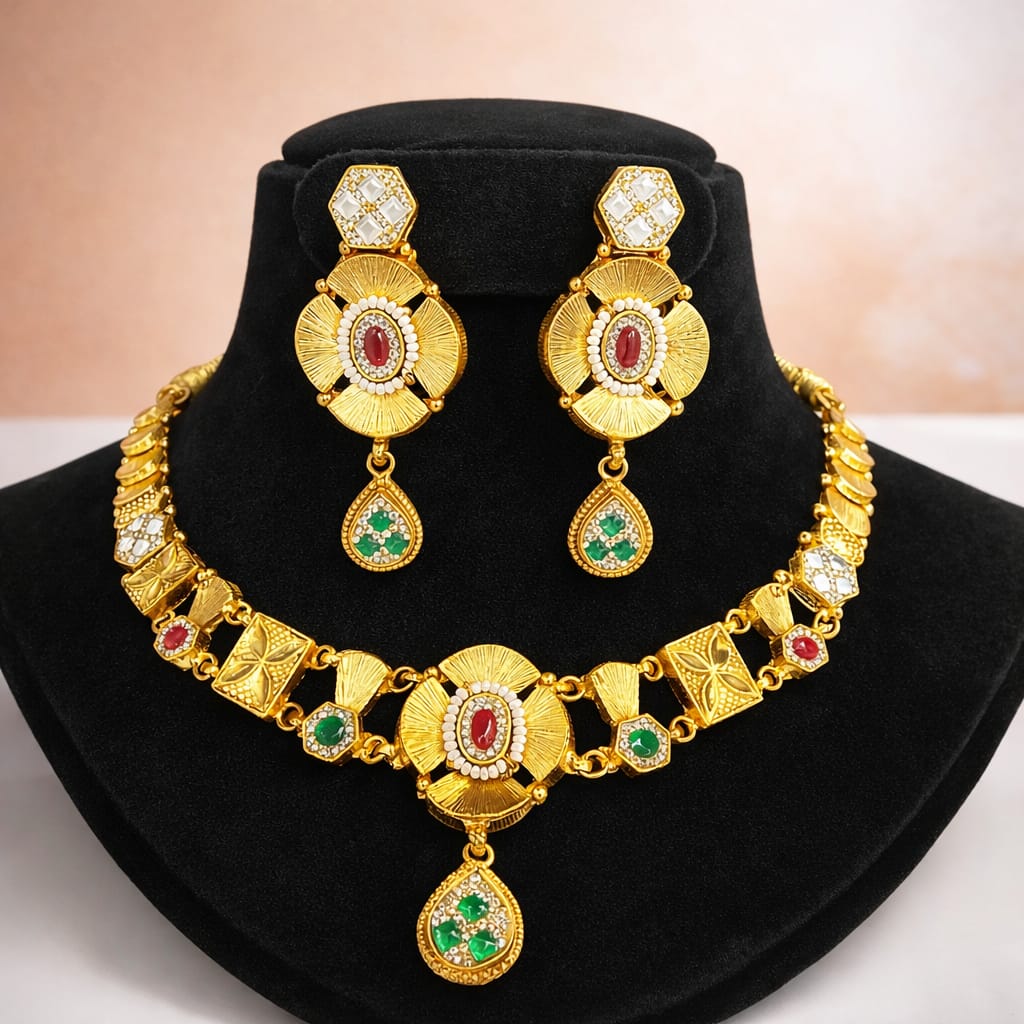 Gold-Tone Traditional Floral Necklace Set with Multicolor Stones