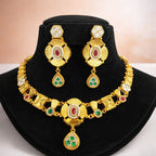 Gold-Tone Traditional Floral Necklace Set with Multicolor Stones