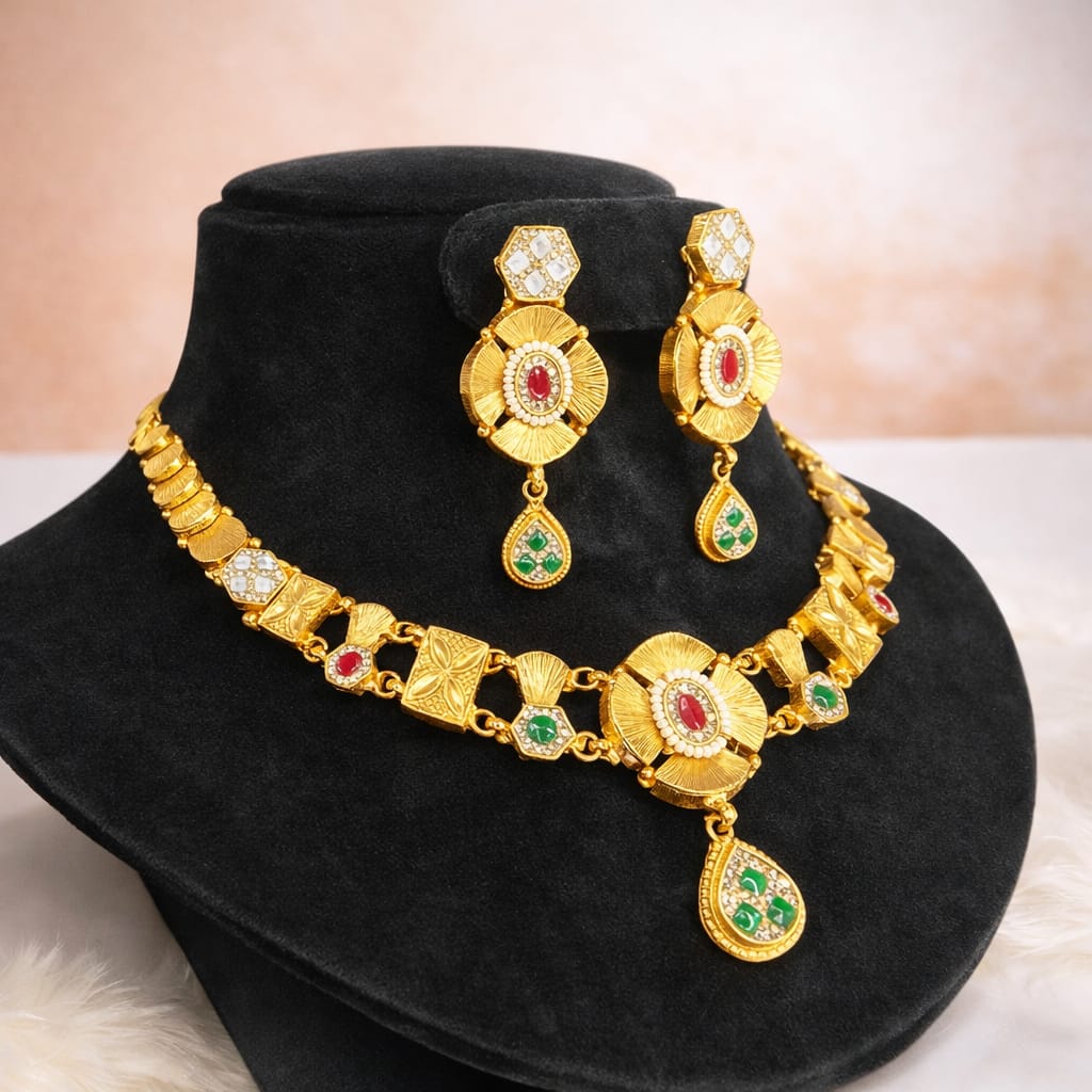 Gold-Tone Traditional Floral Necklace Set with Multicolor Stones