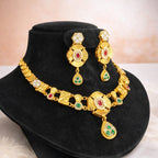 Gold-Tone Traditional Floral Necklace Set with Multicolor Stones