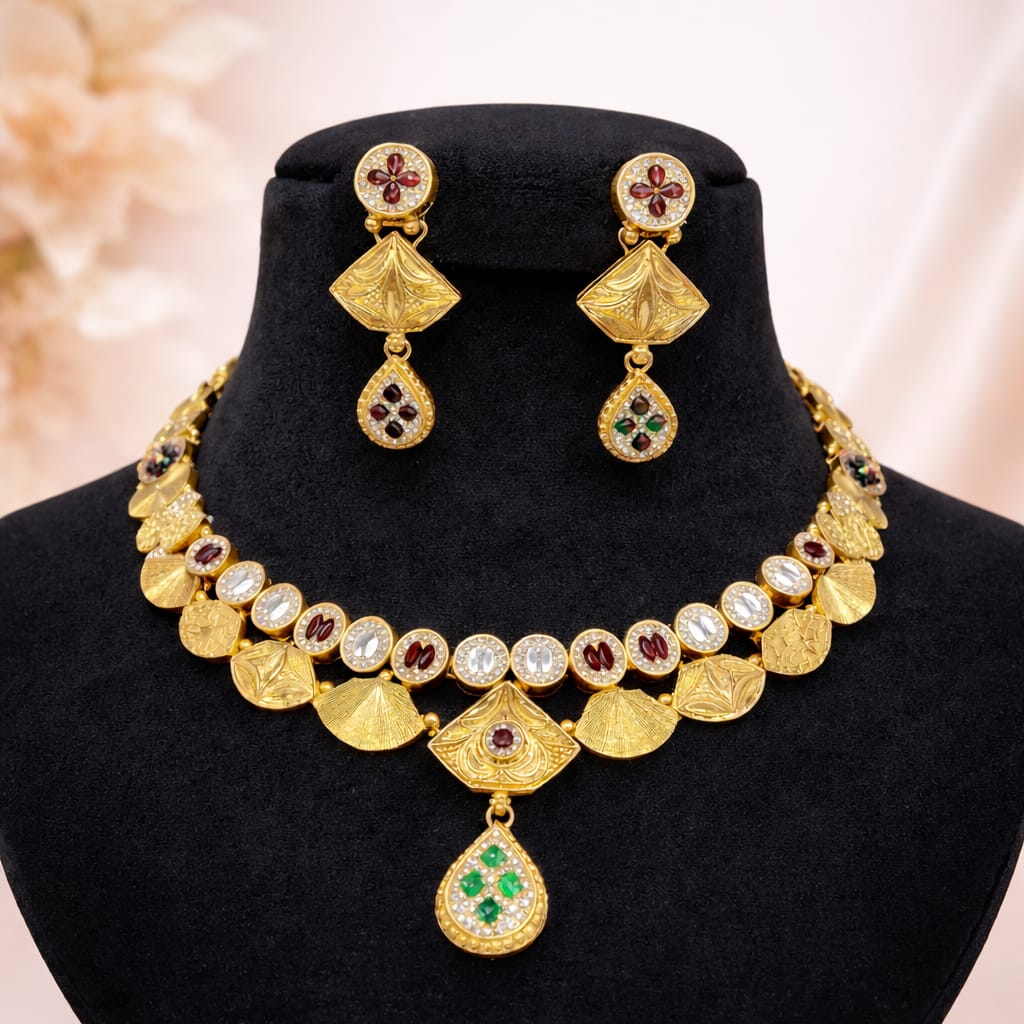 Royal Heritage Gold Finish Necklace Set with Red & Green Stone Accents
