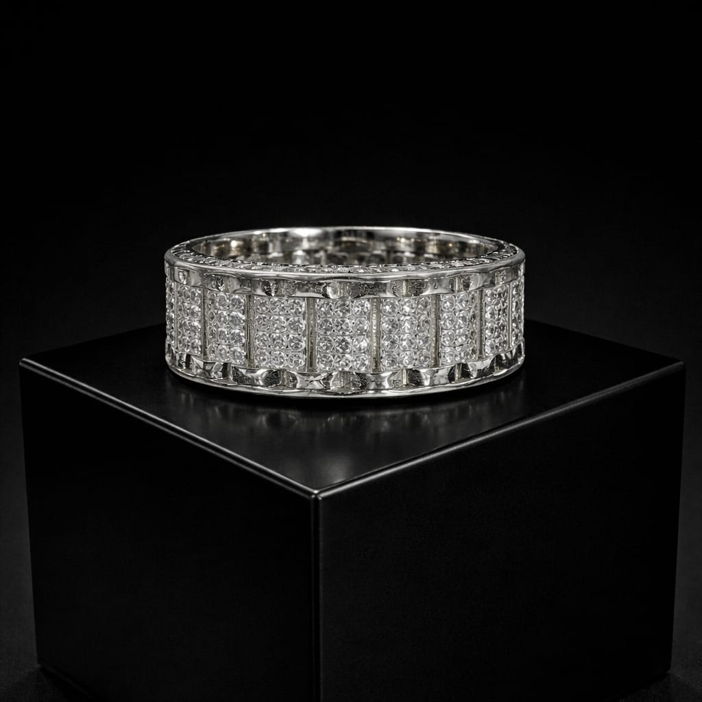 Luxury Silver Multi-Row Crystal Studded Band Ring