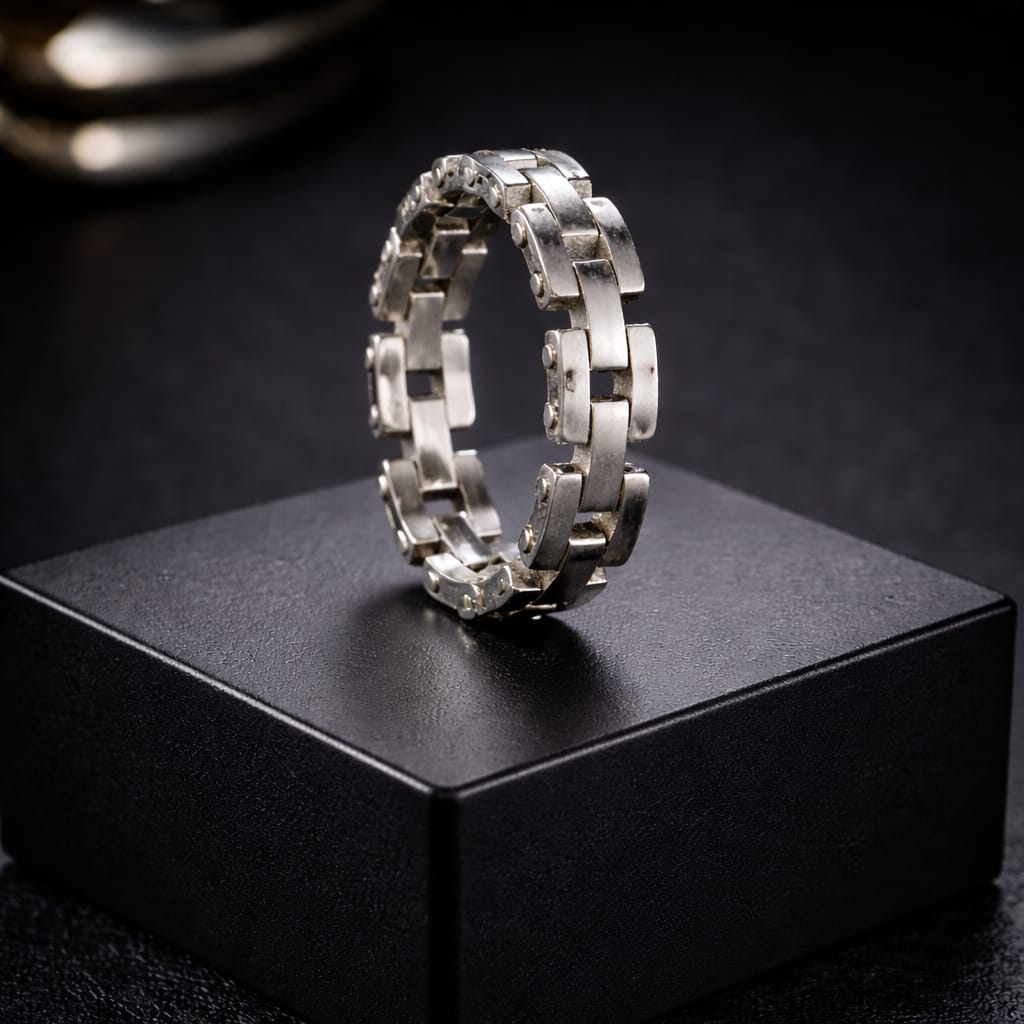 Silver Chain-Link Style Crystal Statement Ring