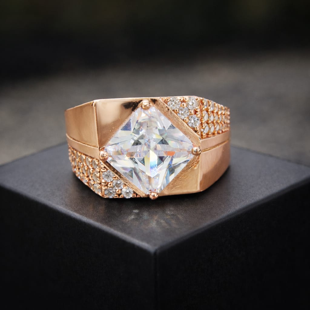 Luxury Rose Gold Princess-Cut Crystal Statement Ring