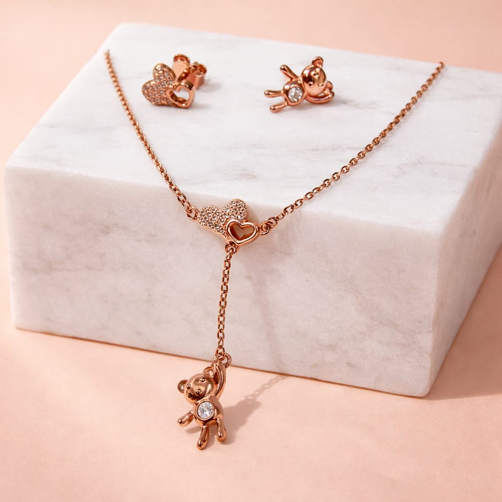 Rose Gold Teddy Charm Heart Pendant Necklace Set