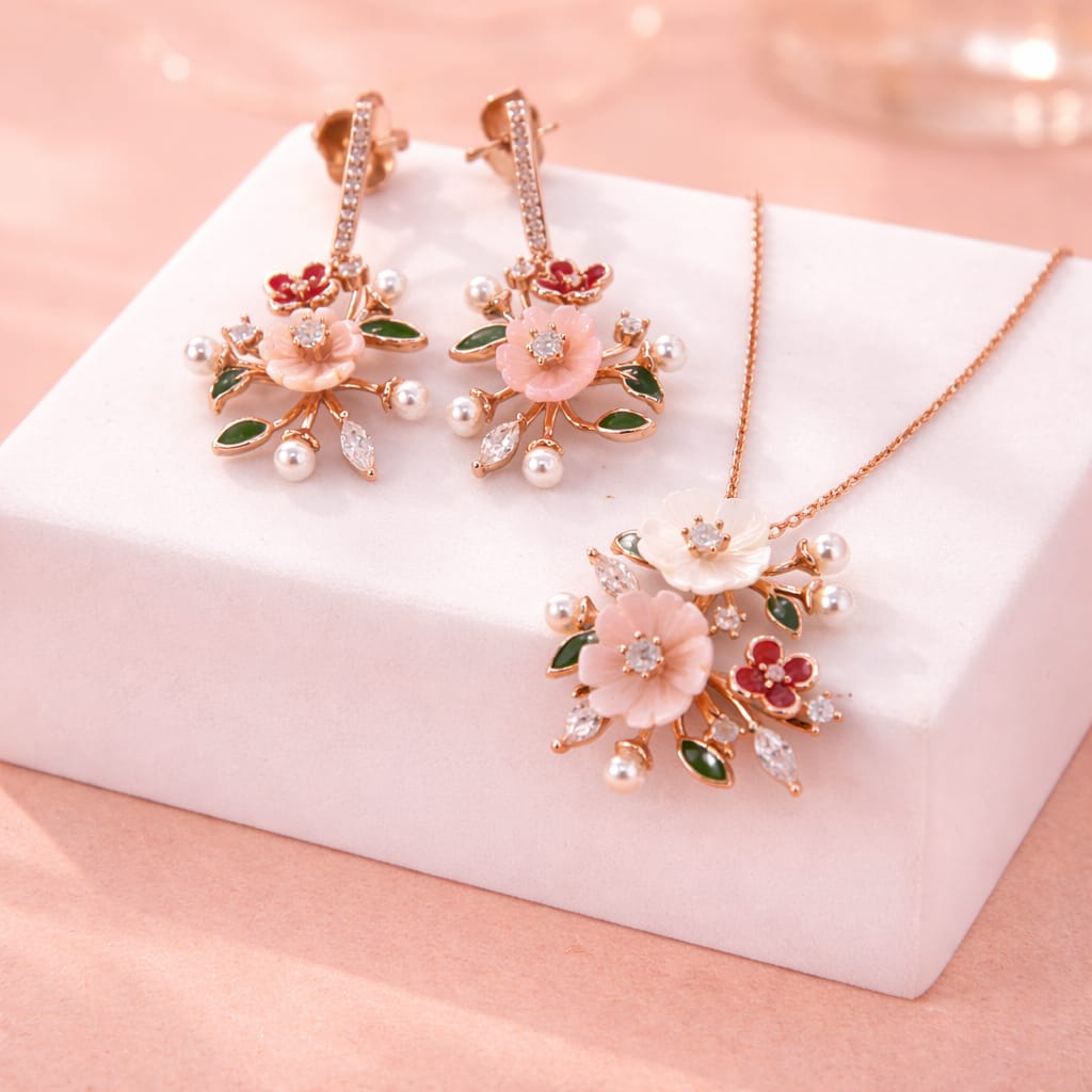 MOP Rose Gold Floral Pendant Set