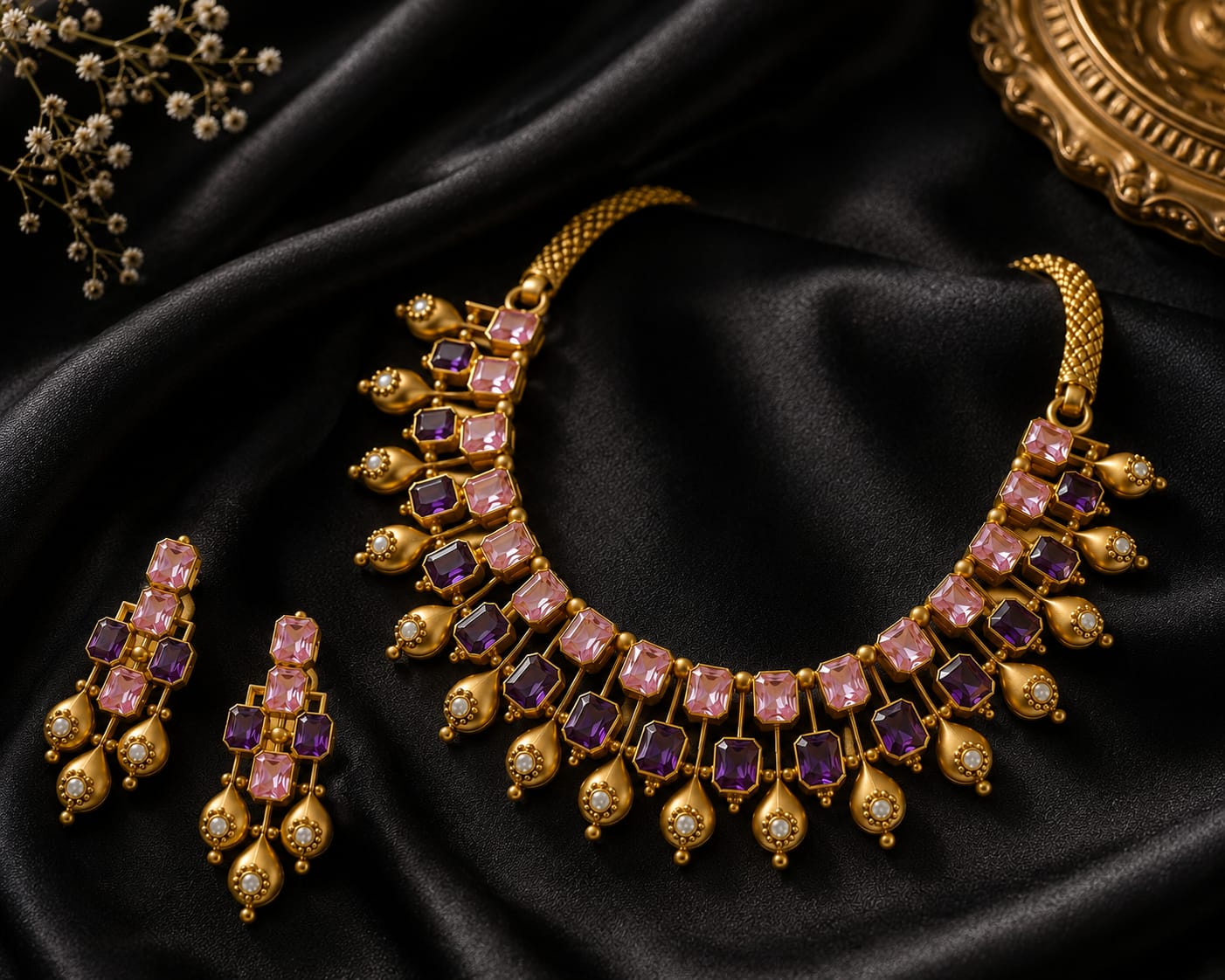 Royal Amethyst Gold Statement Necklace Set