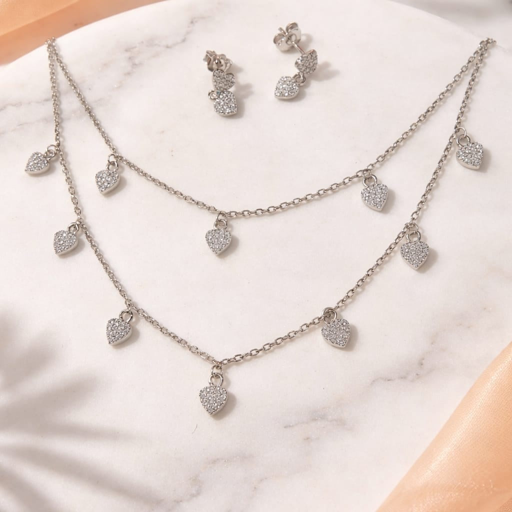 Silver Layered Heart Charm Necklace & Earrings Set