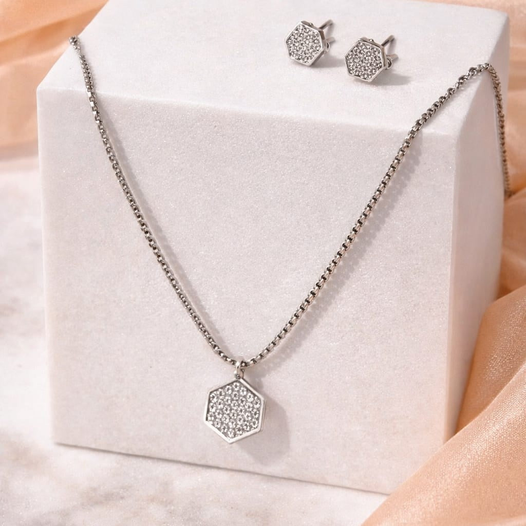 Silver Geometric Hexagon Pendant  Set