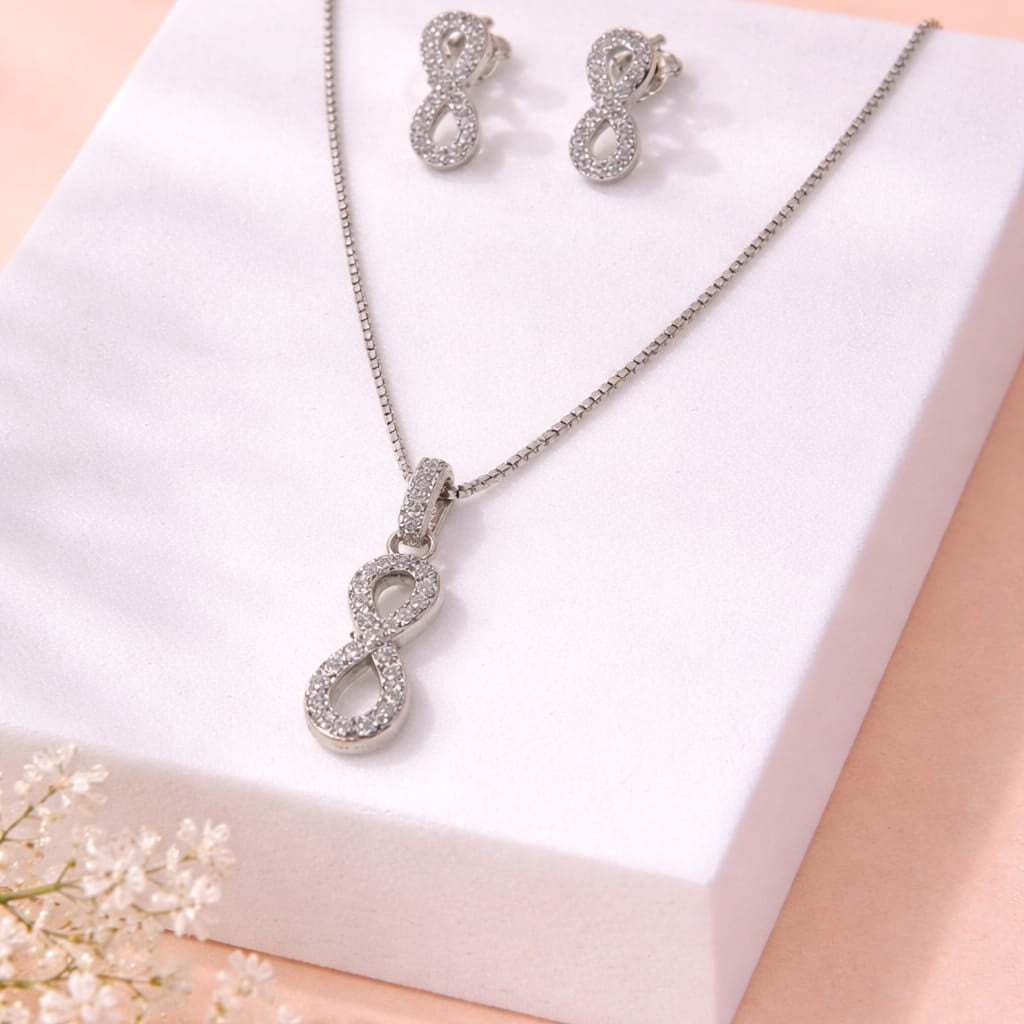 Silver Infinity Crystal Pendant Set