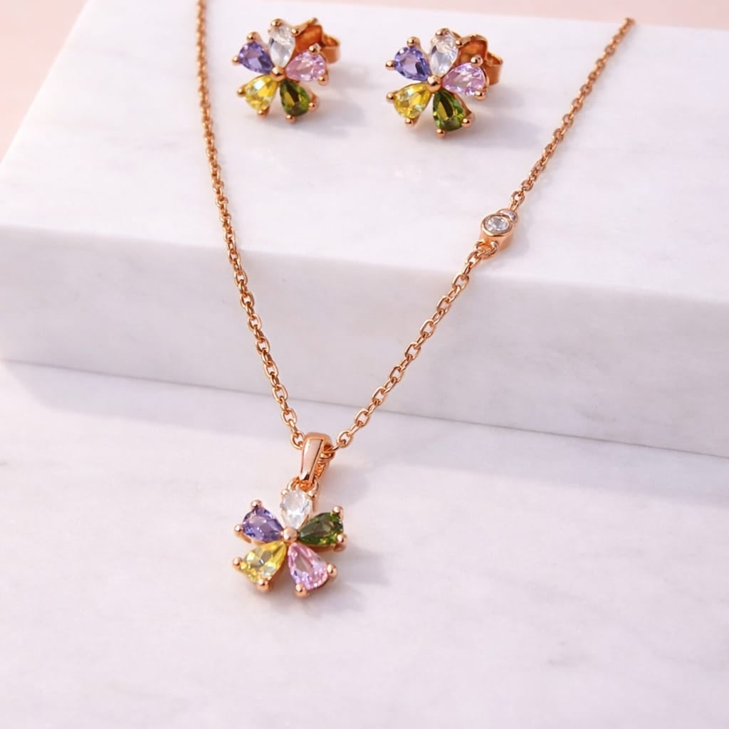 Rose Gold Multi-Color Floral Pendant Set