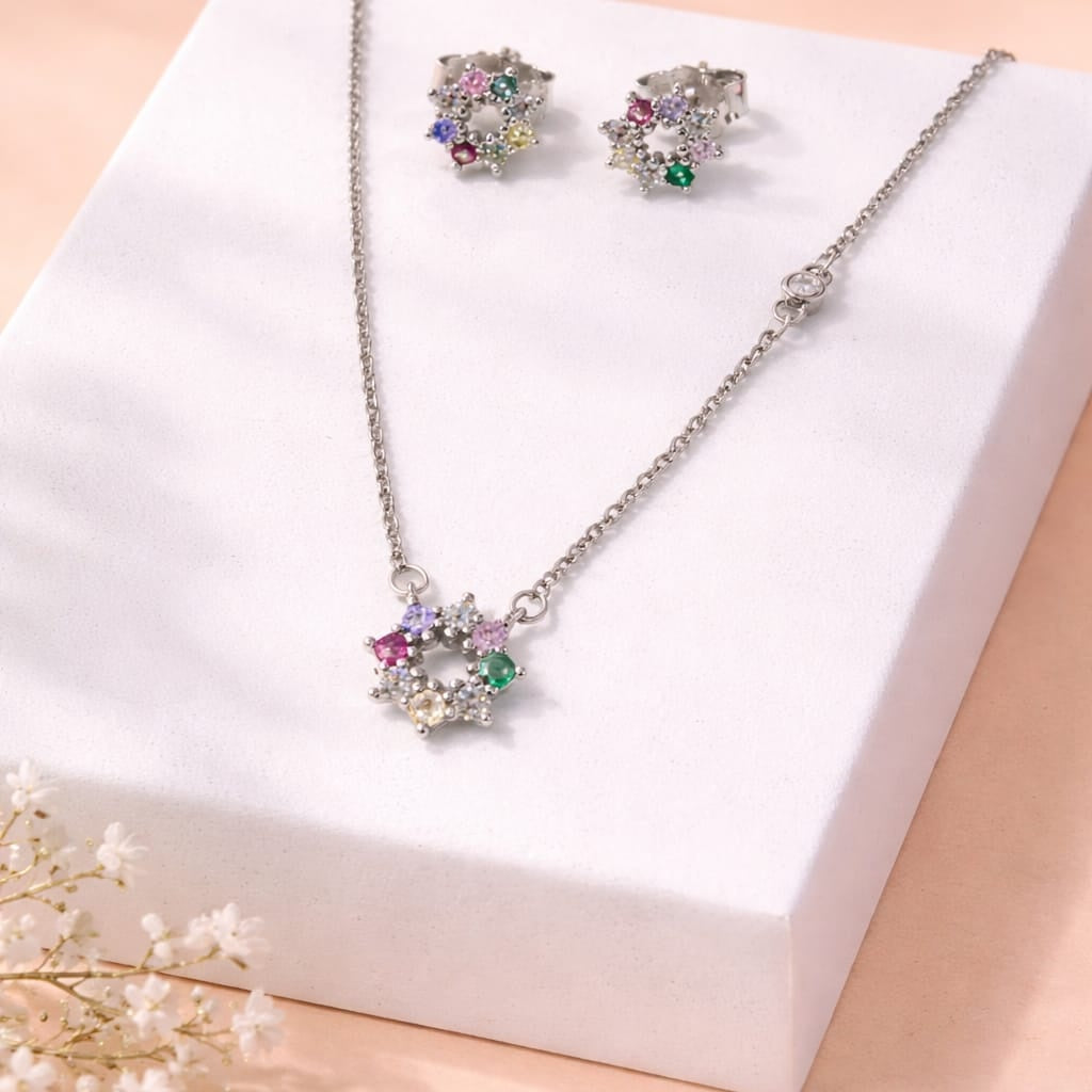 Silver Multi-Color Floral Pendant Set