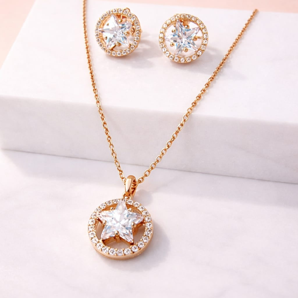 Rose Gold Star Halo Pendant  Set