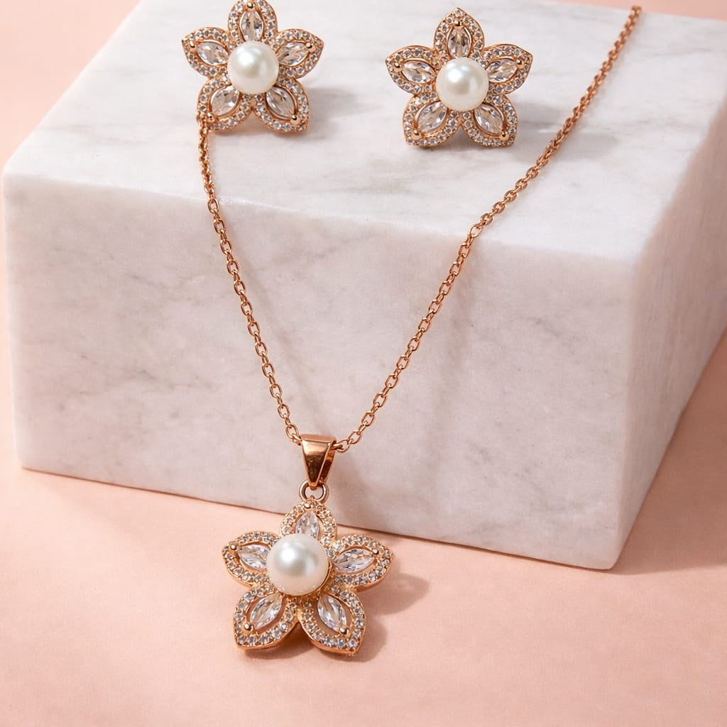 Rose Gold Pearl Floral Pendant Set