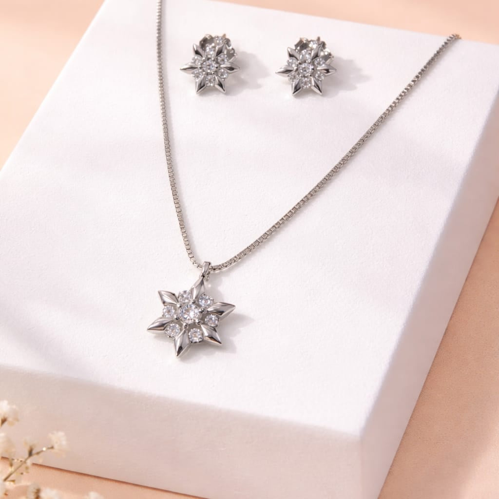 Silver Crystal Floral Pendant Set