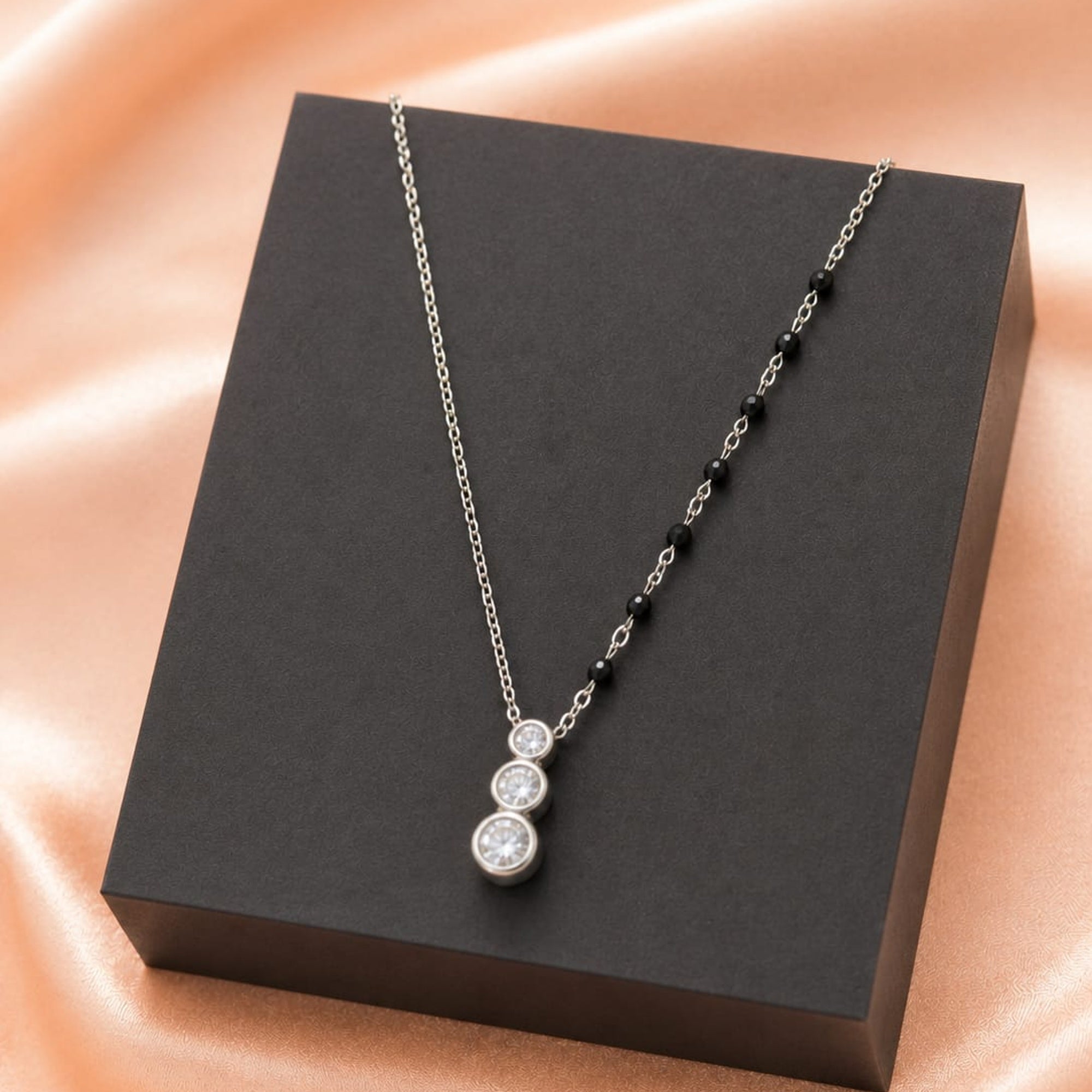 Triple Drop CZ Black Beads Chain Necklace