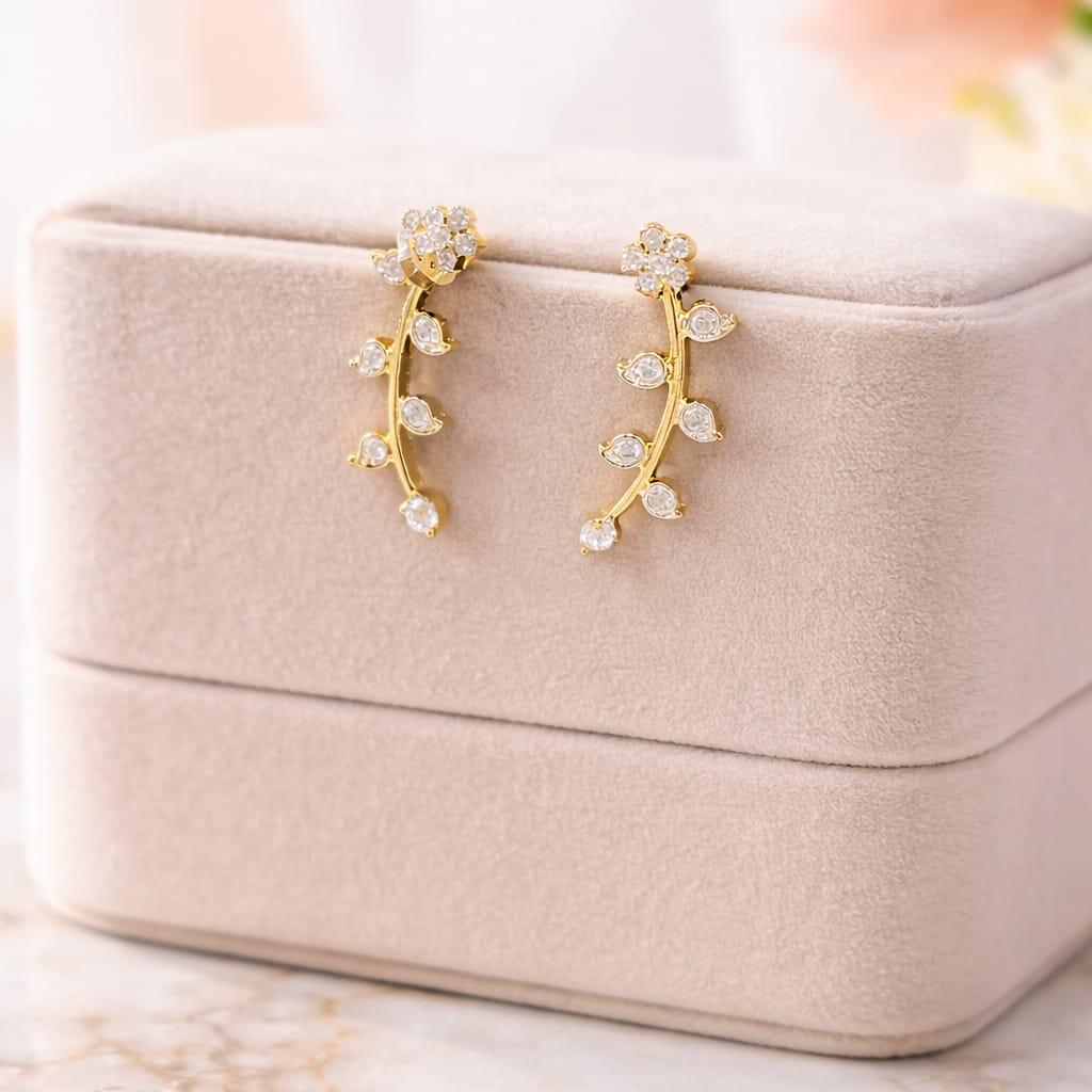 Gold Floral Vine Ear Cuffs with Crystal Stones