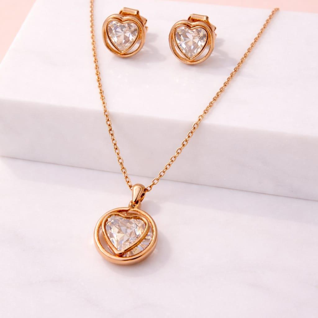 Rose Gold Heart Crystal Pendant  Set