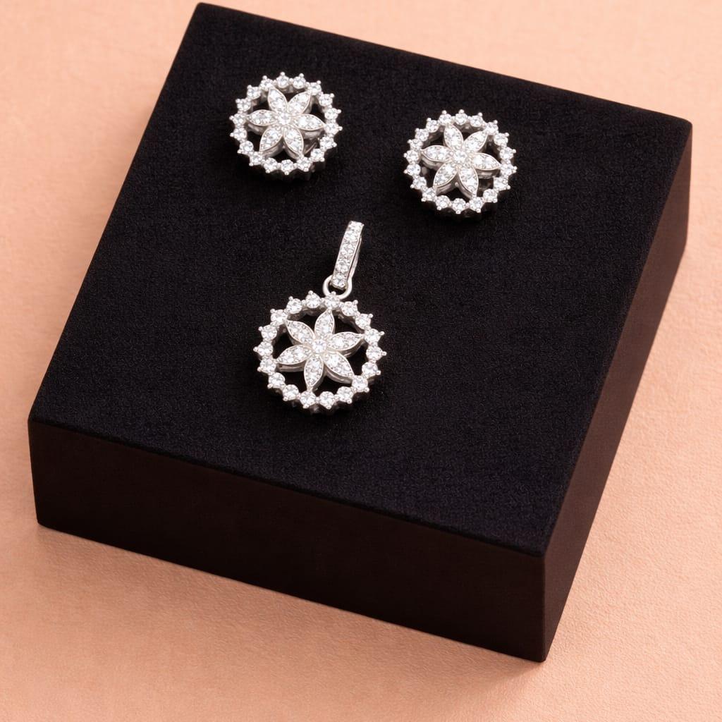 Silver Floral CZ Pendant Set with Earrings