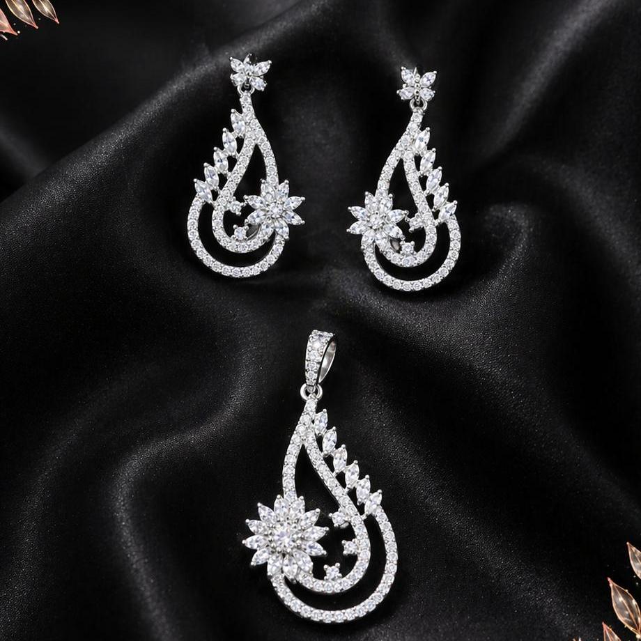 Silver Floral Teardrop Pendant Set with Earrings