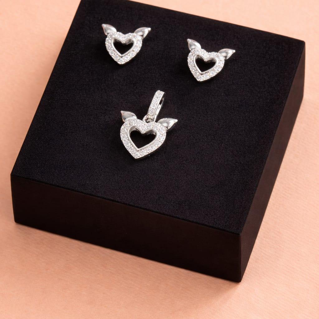 Silver Heart CZ Pendant Set with Earrings