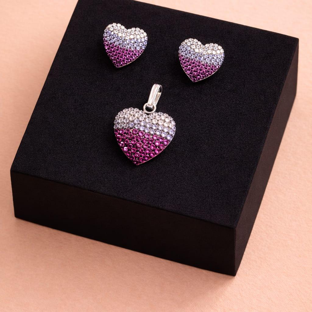 Silver Pink Gradient Heart CZ Pendant Set with Earrings