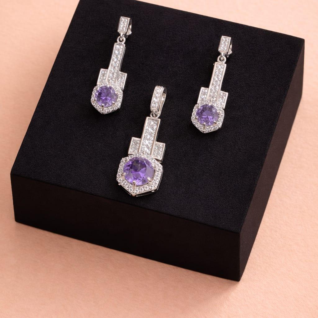 Silver Purple CZ Geometric Pendant Set with Earrings