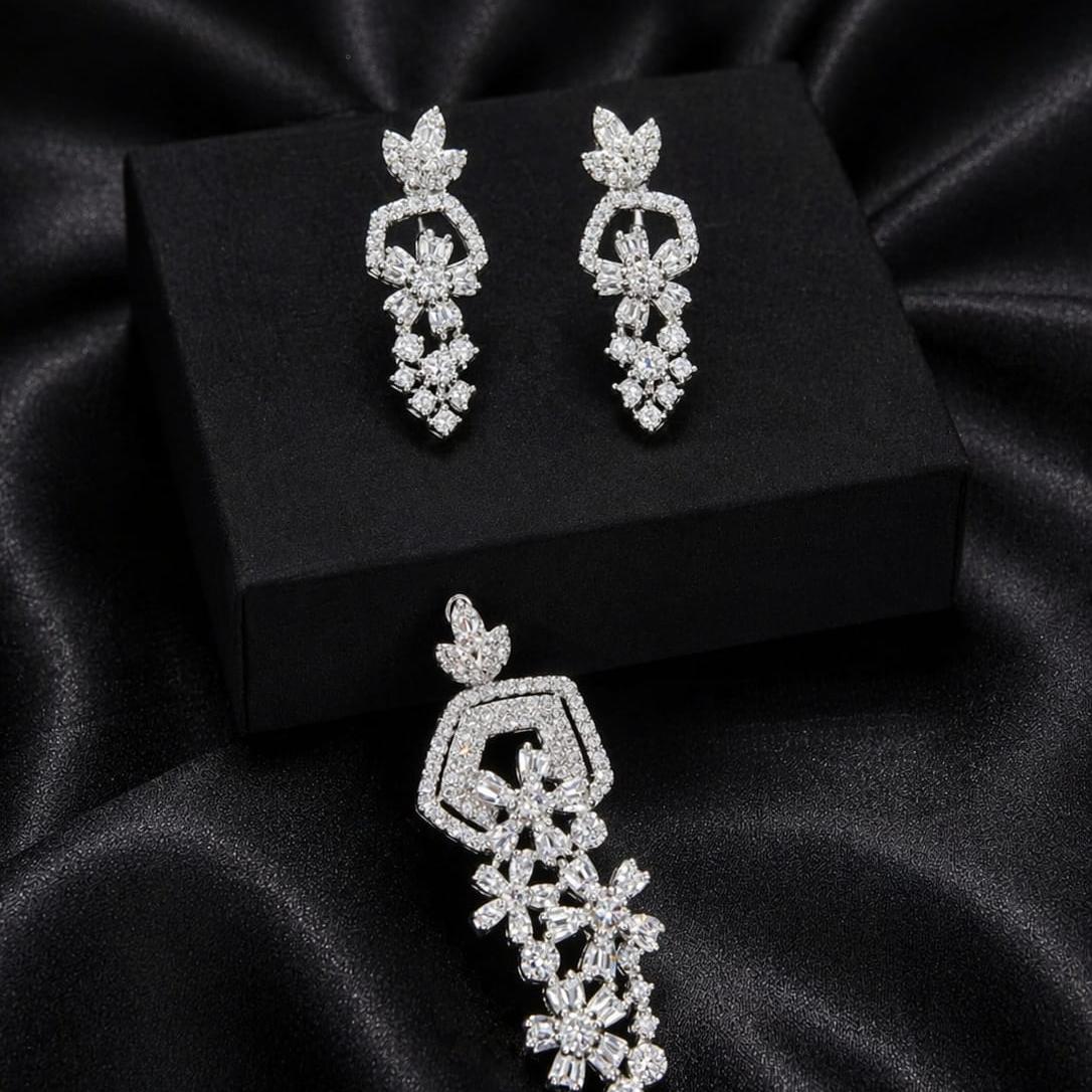 Silver Floral CZ Statement Pendant Set with Earrings