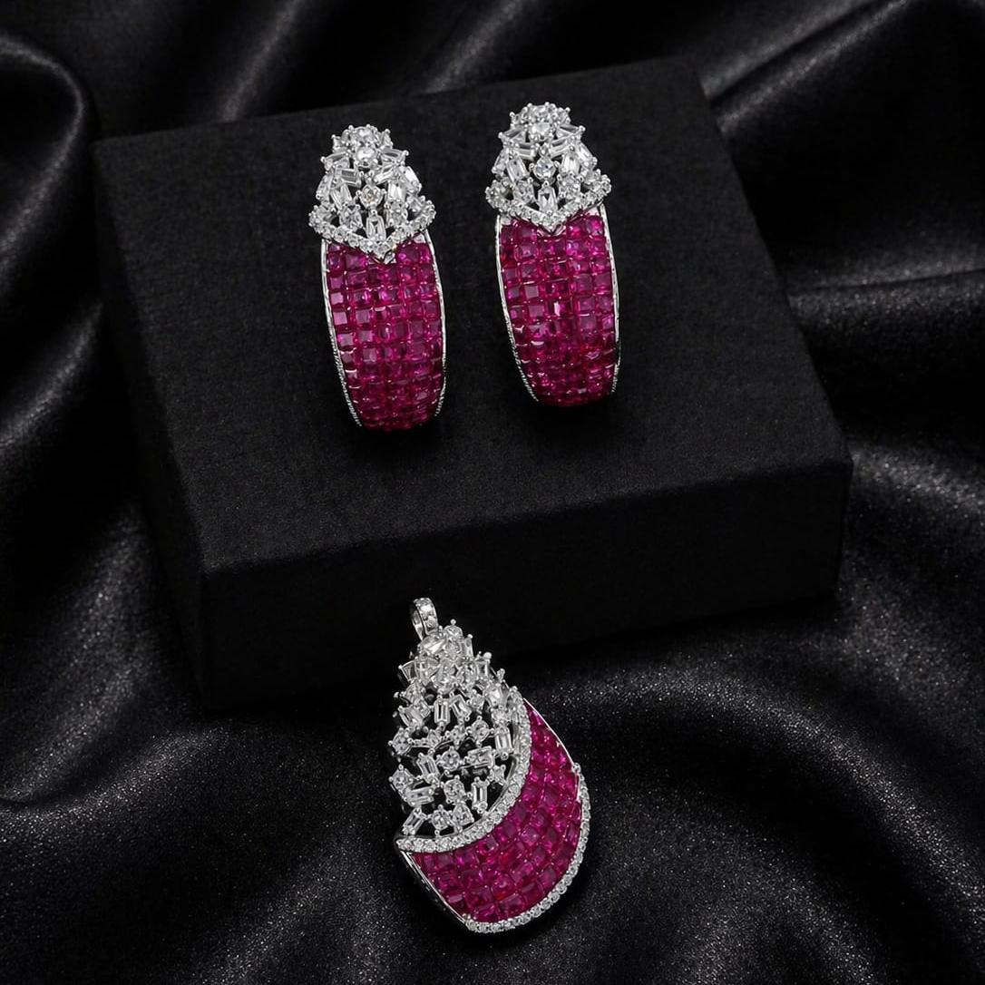 Silver Pink CZ Statement Pendant Set with Earrings