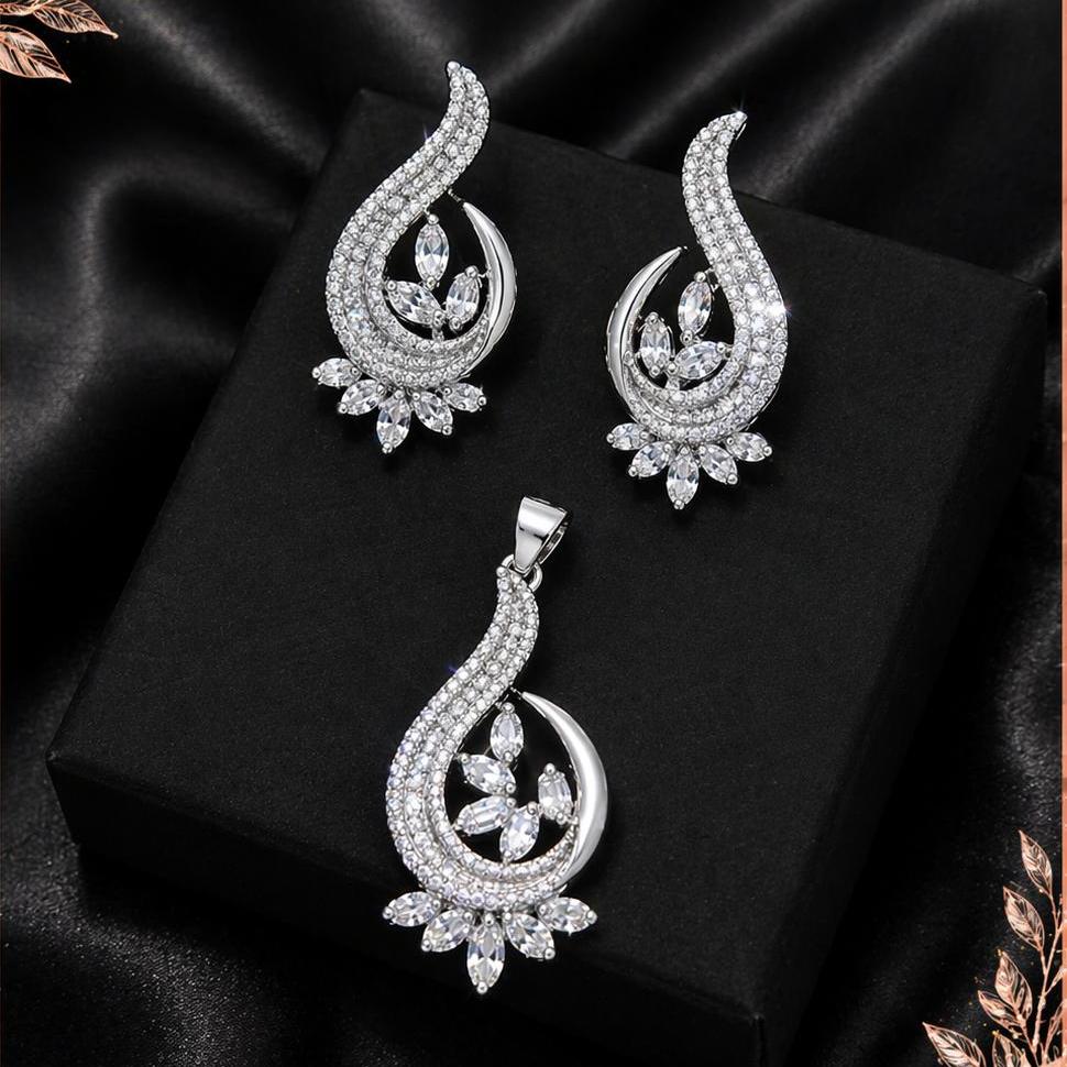 Silver CZ Paisley Statement Pendant Set with Earrings