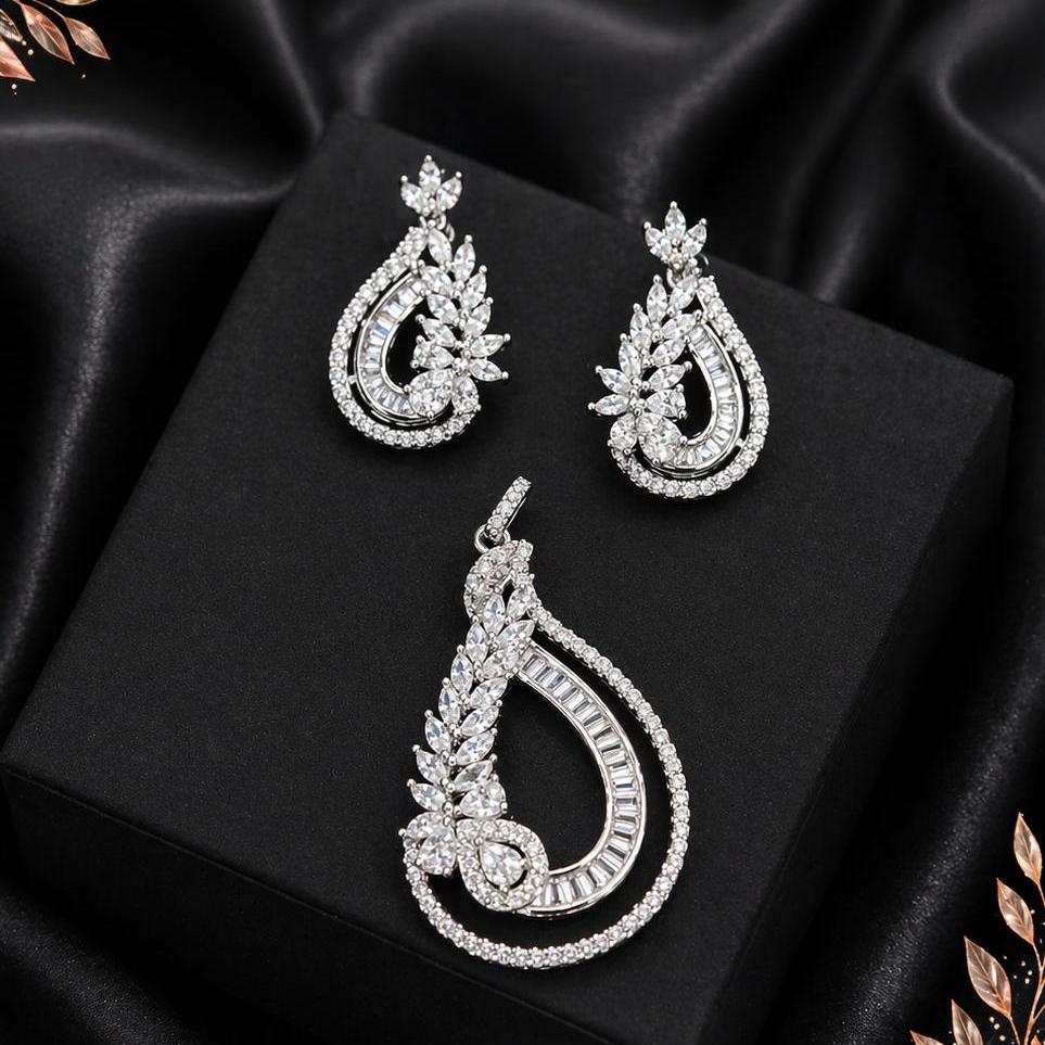 Silver CZ Teardrop Pendant Set with Earrings